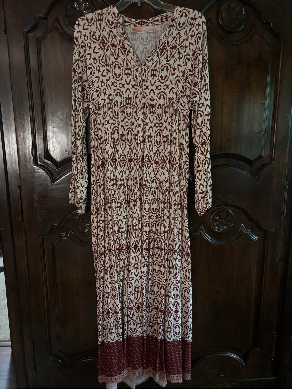 V-Neck Long Sleeve Maxi Dress in Burgundy and Cream - Elegant Tiered Silhouette